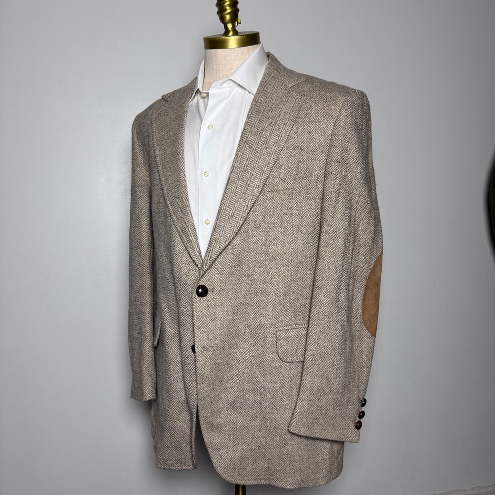 1970s JCPenney Blazer Mens 46L Brown Herringbone Wool Suede Elbow Patch Vintage